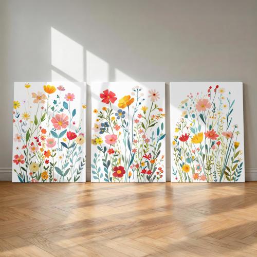 Wildflower Wall Decor - Framed Wildflower Wall Art Prints - Wildflower Canvas Artwork - Colorful Wildflower Nursery Pictures Set of 3