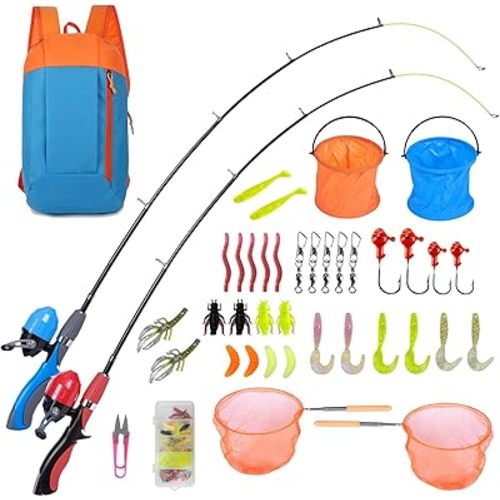 Urban Deco Kids Fishing Pole Kit 2 Pack, Portable Telescopic Kids Fishing Rod with Tackle Box, 2 Fishing Net and 2 Bucket for Beginners, Boys,Girls,Youth