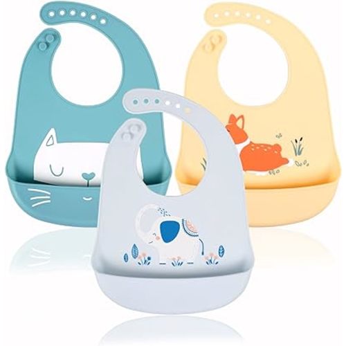 Baby Silicone Feeding Bibs, 3pcs Adjustable Waterproof Bibs for Feeding