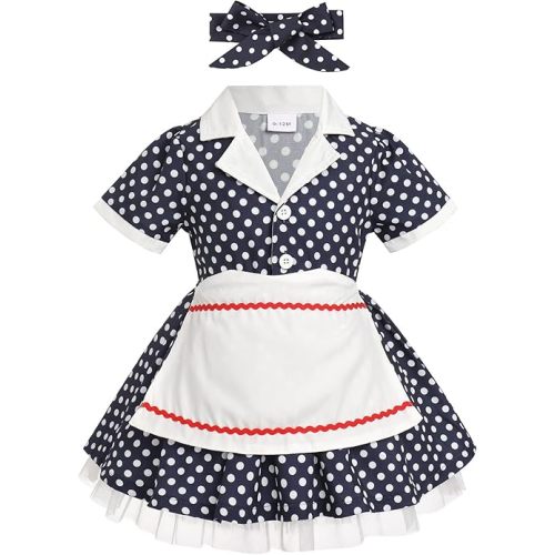 Baby Girls Housewife Cosplay Costume 50s 60s Polka Dot Apron Dress Headband Toddler First Halloween Birthday Outfits