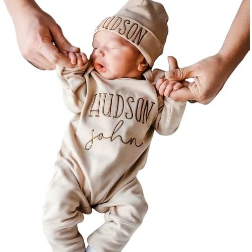Personalized Baby Coming Home Outfit Custom Embroidered Name Romper & Hat Set | Soft Newborn Boy Long Sleeve Sleepwear