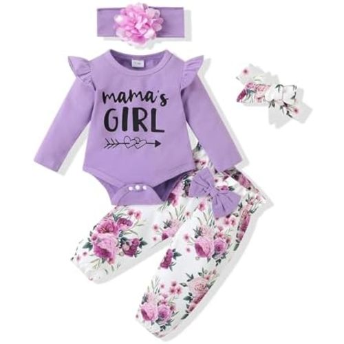 SUNNY PIGGY Newborn Infant Baby Girl Clothes Outfits Ruffle Romper Floral 4Pcs Pants Sets Toddler Girls Clothing Set