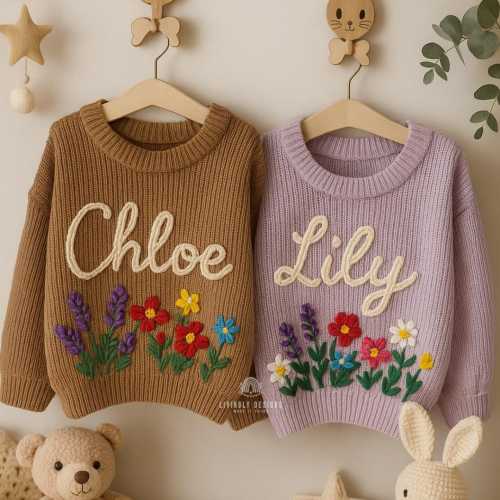 Personalized Floral Embroidered Baby Sweater: Custom Name Jumper