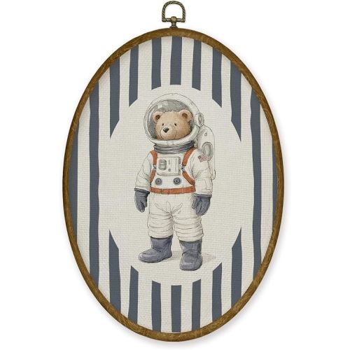 JMENGSSFL Vintage Bear Space Nursery Oval Wall Art Decor, Kids Room Canvas Prints, Blue Striped Astronaut Bear Adventure Framed Wall Art for Kids Baby Toddler Boy Room Playroom Decor, 8.6x11.4 Inch