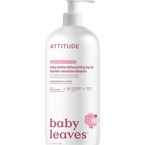 ATTITUDE Baby Dish Soap and Bottle Cleaner, EWG Verified Dishwashing Liquid, No Added Dyes or Fragrances, Tough on Milk Residue and Grease, Vegan, Unscented, 33.8 Fl Oz