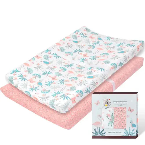 100% Cotton Changing Pad Cover for Baby Girls, Flamingo - Breathable Bassinet, Mini Crib Mattress Fitted Sheets - Jungle Leaves, 32"x16" with 8" Deep Pocket, White-Coral Pink, 2 Pack