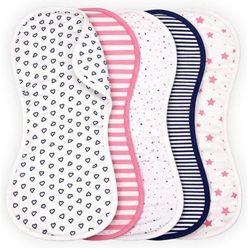 Tom Tom's Kids + Baby Organic Baby Burp Cloths 5 Pack - GOTS Certified Organic Cotton, Classic Contoured Figure-8 Design, Extra Absorbent, 22x11 in, Traditional Girls, Pink and Navy