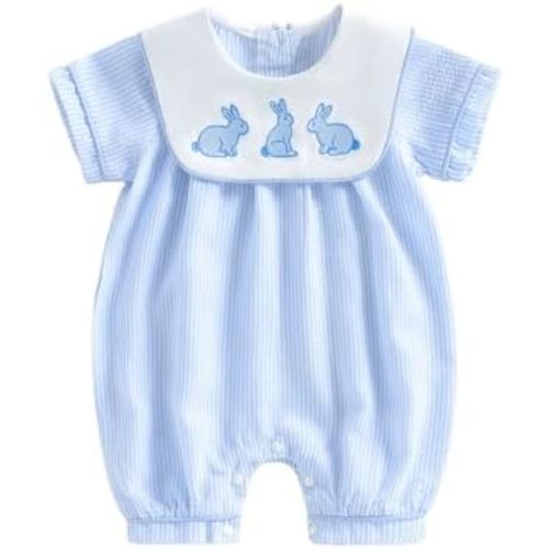 Newborn Baby Boy Easter Outfit Rabbit Short Sleeve Striped Romper Jumpsuit One Piece Smocked Bubble Clothes