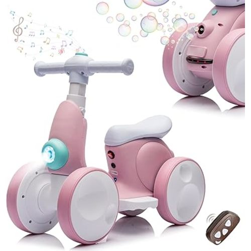 6V Electric Baby Balance Bike with Bubble Machine,4 in 1 Toddler Balance Bike w/Remote Control for 1 Year Old Boys Girls Kids Bubble Bike Ride on Toys w/Powered Motor,Music,LED Lights (Pink)