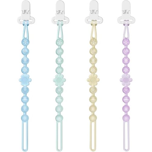 Silicone Pacifier Clip Holder with One-Piece Beads, 4 Packs Soft Flexible and Rust-Free Binky Pacifiers Clips for Teething Relief Baby Essentials Accessories, Safe for Boy and Girl