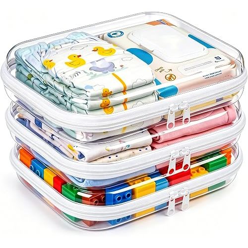 3 Pack Diaper Bag Organizer Pouches, Clear Hard Shell Zipper Cases for Travel, Makeup Bag, Toiletry Bag, Toy Storage Bins, Waterproof Storage Box for Pacifier Snacks Wipes Clothes Baby Essentials