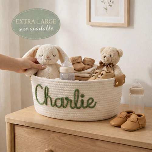 Personalized Baby Gift Basket | Baby Shower Gift | Custom Name Basket | New Baby Boy Gift | Neutral Nursery Storage Bin