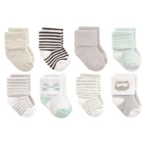 Luvable Friends Basics Infant Baby Cozy Terry Socks 8-Pack, Forest Friends Owls, 0-6 Months