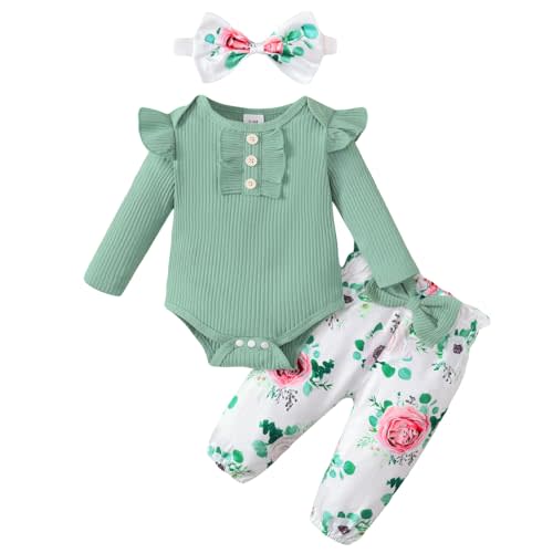 Baby Girl Clothes Newborn Infant Long Sleeve Ruffle Romper Floral Pants Outfit Set for 0-18 Months