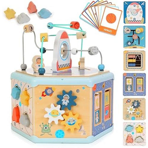 Large Wooden Space Activity Cube Toys, 9-in-1 Early Educational Montessori Learning Toys for 2 3 4 Toddlers with Abacus Bead Maze for 24+ Months Boys Girls First Birthday