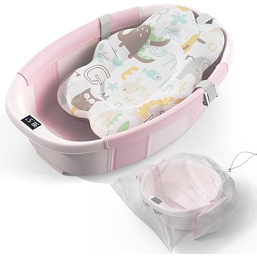 Collapsible Baby Bathtub - Large Baby Bath Tub with Thermometer & Cushion | Travel Portable Newborn Infant Bathtub | Foldable Toddler Bathtub for Baby 0 to 36 Months (Pink)