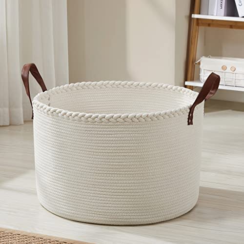 XLarge Round Cotton Rope Storage Basket, 21x21x14, Cream | Woven Laundry Hamper Organizer; Leather Handles; Extra Large Blanket Basket; Ideal for Nursery