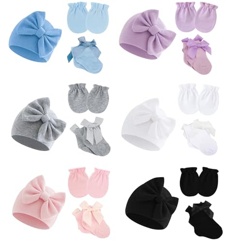 MKYSZLT 6 Pack Preemie Hats Mittens and Socks Set,Newborn Cotton Bow Caps and No Scratch Preemie Mittens Socks for Infant Baby Girl New Born 0-6 Months