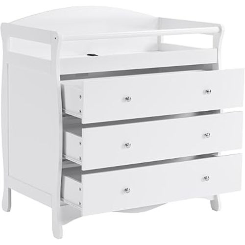Changing Table Changing Station Table with 3 Drawers, Safety Rail & Strap for Bedroom, White