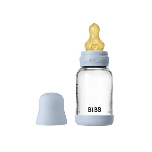 Bibs Glass Baby Bottle with Latex Nipple - 4 fl oz - Blue: BPA-Free, Rubber Latex, Level 1 Nipple, 6" Height