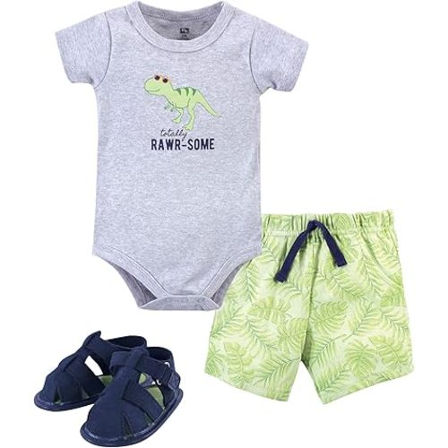 Hudson Baby Unisex Baby Cotton Bodysuit, Shorts and Shoe Set