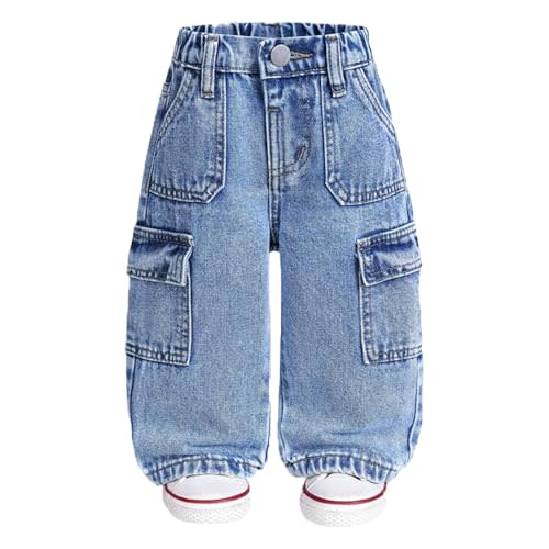 Ltvoo Toddler Boys Cargo Denim Pants Elastic Waist Straight Wide Leg Baggy Jeans Casual Loose Kids Clothes for 6M-3Y