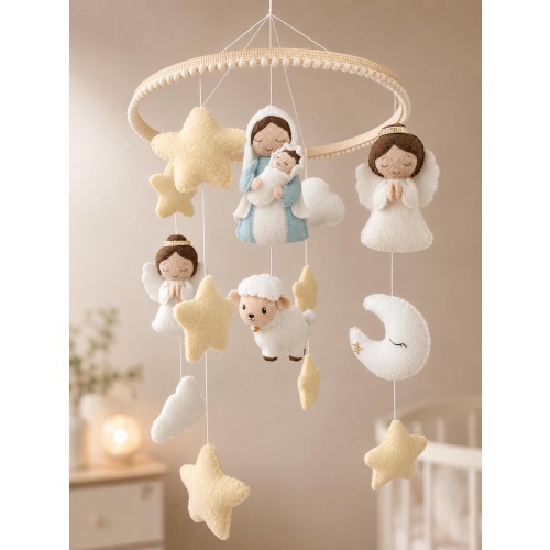 Handmade Christian Baby Mobile – Nativity Angels, Lamb, Moon Nursery Decor