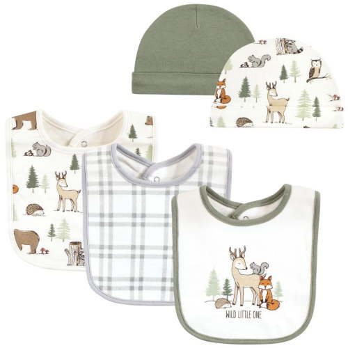 Hudson Baby Boy Cotton Bib & Caps Gift Set, Forest Animals, One Size, 5-Piece