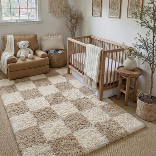 PureCozy Checkered Rug 4x6 for Living Room, Modern Neutral Shag Rug Super Soft Washable Fluffy Rugs Indoor Fuzzy Carpet for Bedroom Home Dorm Aesthetic Decor