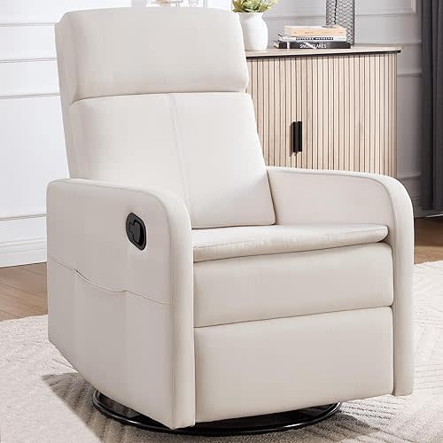 Swivel Rocking Recliner Chair for Adults, Rocker Nursery Glider Chair for Living Room Bedroom, Upholstered Fabric Reclining Single Sofa Chair(Beige)