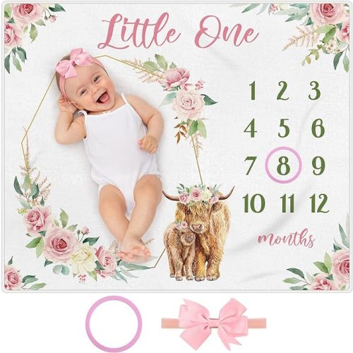 Mixweer 3 Pcs Highland Cow Monthly Baby Milestone Blanket for Girls 47" x 40'' Baby Milestone Blankets Soft Fleece Photography Background Newborn Growth Chart with Bow Headband Felt Circle(Pink)