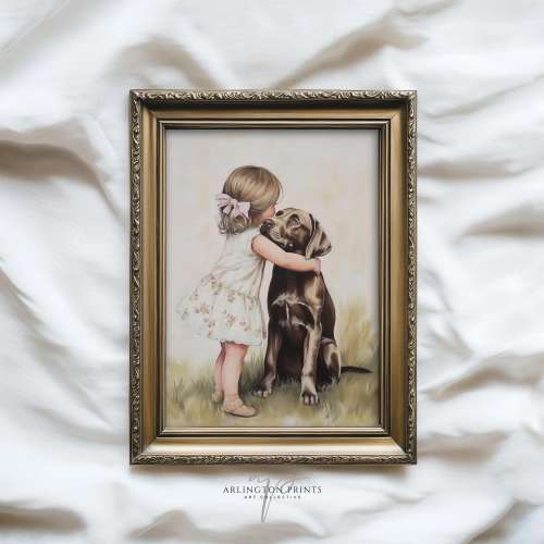 Girl and Dog Nursery Art Printable, Chocolate Lab and Pink Bow Girl, Coquette Wall Decor, Girls Room Download, SD-901