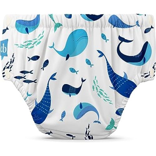 Charlie Banana Reusable Swim Diaper, Washable, with Easy On and Off Snaps for Baby Girls Boys, Soft and Snug Waterproof Fit to Prevent Leaks - The Whale on White, Size L (22-34 lbs)