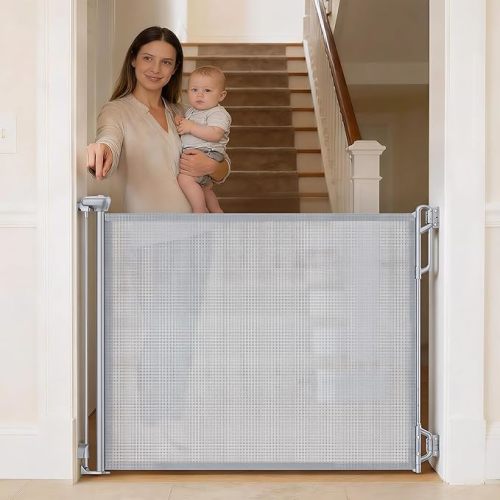 Spaceany Retractable Safety Baby Gate or Mesh Dog Gate,Durable Portable Mesh Retractable Gate,Easy to Use for Stairs, Doorways, Hallways, Indoor, Outdoor, 33.5" Tall, Extends to 55" Wide,White