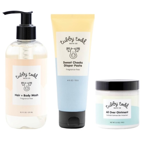 TUBBY TODD Baby Bundle Newborn Skin Care Set - Hypoallergenic Hair + Body Wash, All Over Ointment with Colloidal Oatmeal, Sweet Cheeks Diaper Paste - Fragrance Free, Standard Size