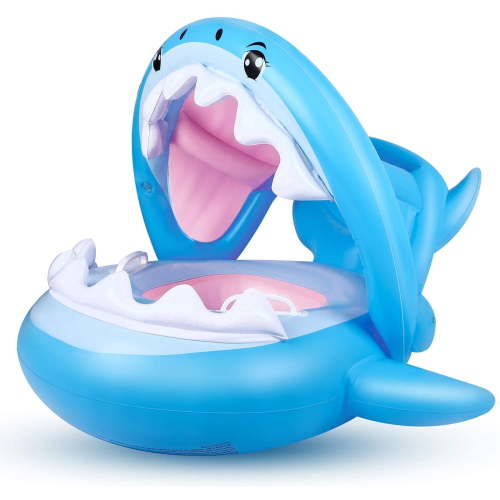 Rirool Baby Shark Float with Canopy - Inflatable Pool Float for Toddlers 6-36 Months, PVC Swim Ring with Sunshade (25kg Capacity)