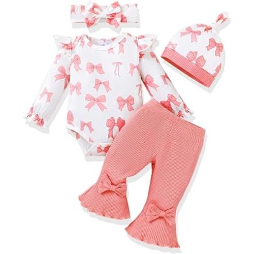 AMAWMW Baby Girl Clothes Ruffle Sleeve Romper Flared Pants Infant Outfit | 4 Pieces Outfit, 0-18 Months, Soft and Skin-friendly Fabric, Bow or Floral Print, Fall Winter Clothing Set