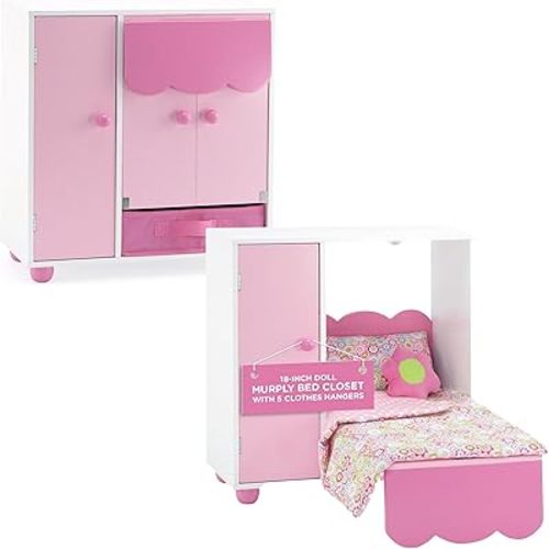 Emily Rose Doll Clothes 18 inch Doll Pink Murphy Bed Furniture Closet Combo with 5 Hangers & Large Storage Bin - Includes 4-PC Bedding Set | Mom's Choice Award Winner | USA Business