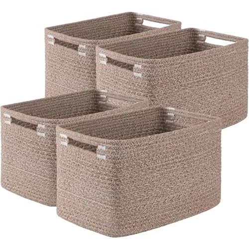 4Packs Natural Cotton Rope Storage Baskets for Organizing Toys, Clothes, Towels & Books, Soft Versatile Organizers for Shelves, Home Decorative Bins, 13''Lx9''Wx7.8''H, Brown