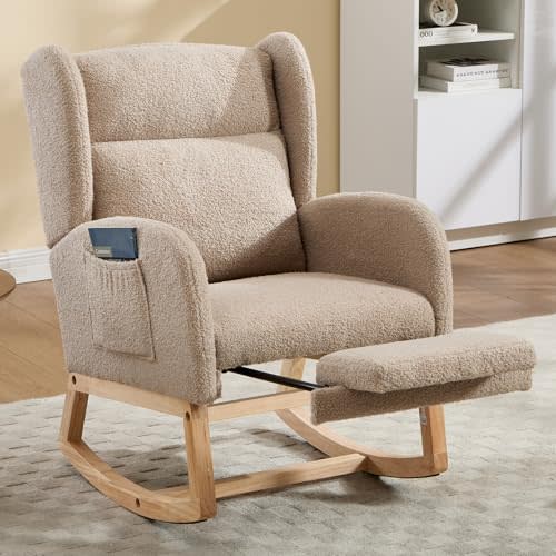 NIOIIKIT Nursery Rocking Chair with Footrest, Teddy Upholstered Glider Chair, Nursery Gliding Recliner with Side Pocket, Glider Rocker for Living Room (Brown Teddy)