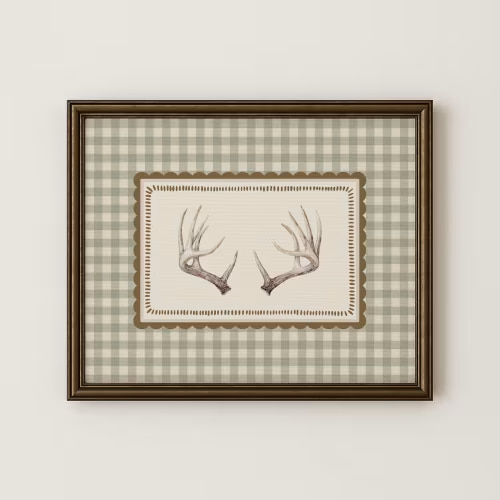 Antlers Nursery Print | Woodland Hunting Nursery Decor | Vintage Deer Art | Green Gingham Wall Art | Baby Boy Nursery | Digital Download