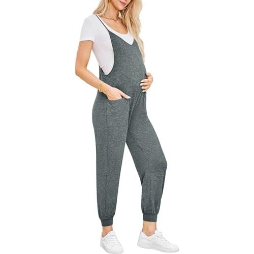 FABRACK Women's Maternity Jumpsuits Loose Adjustable Spaghetti Strap Jogger Overalls Outfits Pregnancy Romper with Pockets