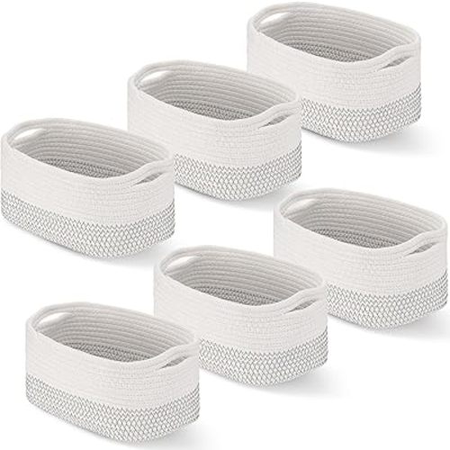 Sawysine 6 Pcs Storage Baskets Bulk for Organizing Cotton Rope Woven Basket with Handles for Gift Cloth Shelves Blanket Toys Living Room Bathroom(White Grey)
