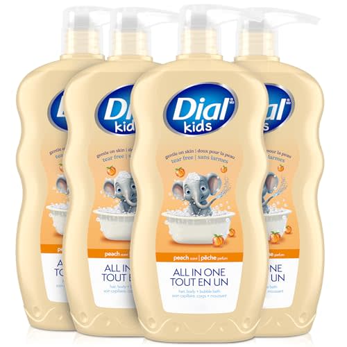 Dial Kids 3-in-1 Body + Hair + Bubble Bath, Peach, 24 Fl Oz, 4-Pack | Gentle cleansing for kids, tear-free and hypoallergenic formula, no parabens or silicones, peach scent, includes 4 bottles