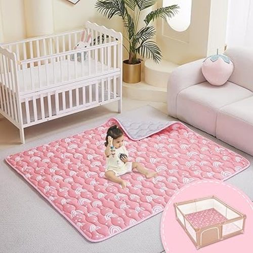 Viviland Baby Mats for Floor, 50x50 Inch Playpen Mat, Thick Cushioning Padding Playmat for Baby and Toddlers Infants, Non-Slip & Machine Washable, Pink Rainbow