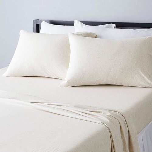 Amazon Basics 4 Piece Bed Sheets Set, 100% Cotton Jersey, Includes Super Soft, Flat and Fitted Sheets, Pillowcase, King, Oatmeal, Solid