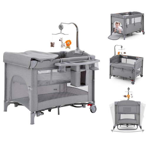 HARPPA 5-in-1 Portable Baby Playard Bassinet Bedside Sleeper Changing Table Gray