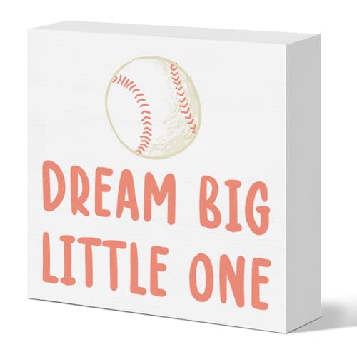 Baseball Nursery Desk Decor Sign, Sports Nursery Decor for Boy's Bedroom Playroom Toy Room Toddler Baseball Decoration Wooden Sign, Dream Big Little One