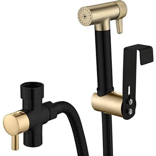 Hand Held Bidet Sprayer for Toilet, Black and Brushed Gold 2 Functional Brass Cloth Diaper Sprayer with 47 Inch Shower Hose, One Inlet and Two Outlets Single Cold Shower Valve, Bracket
