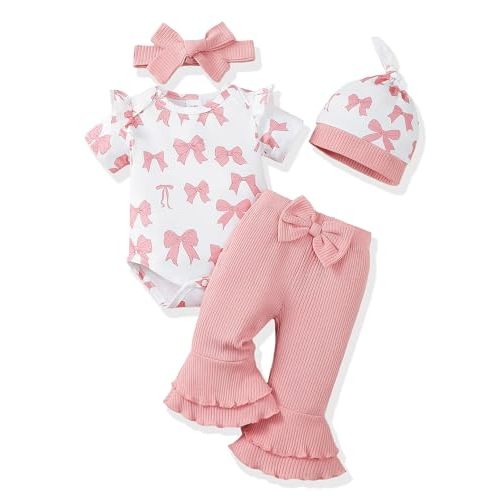 Renotemy Newborn Baby Girl Clothes Infant Romper Spring Summer Outfits Gifts Bell Bottoms Pant Sets for Girls Preemie-12Month